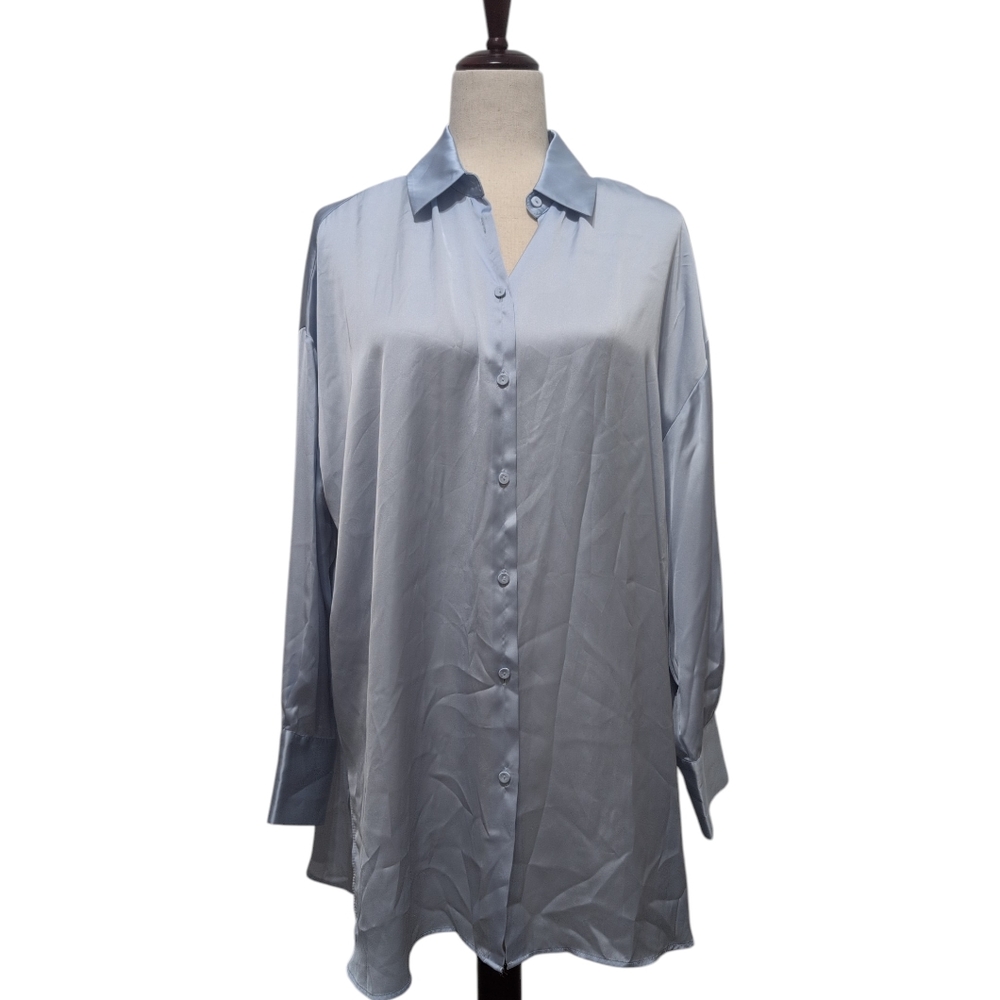 Zara Oversize Satin Top Collared Button Down‎ Light Blue Size Small